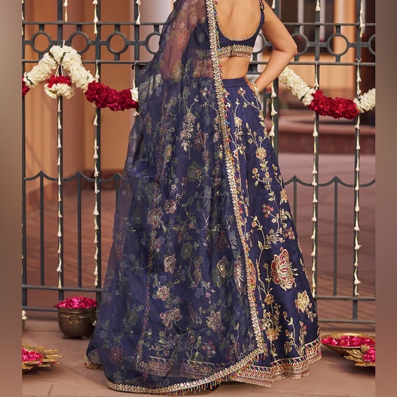 Navy Blue Embroidered Lehenga - custom long sleeves and padding - Picture 5 of 15